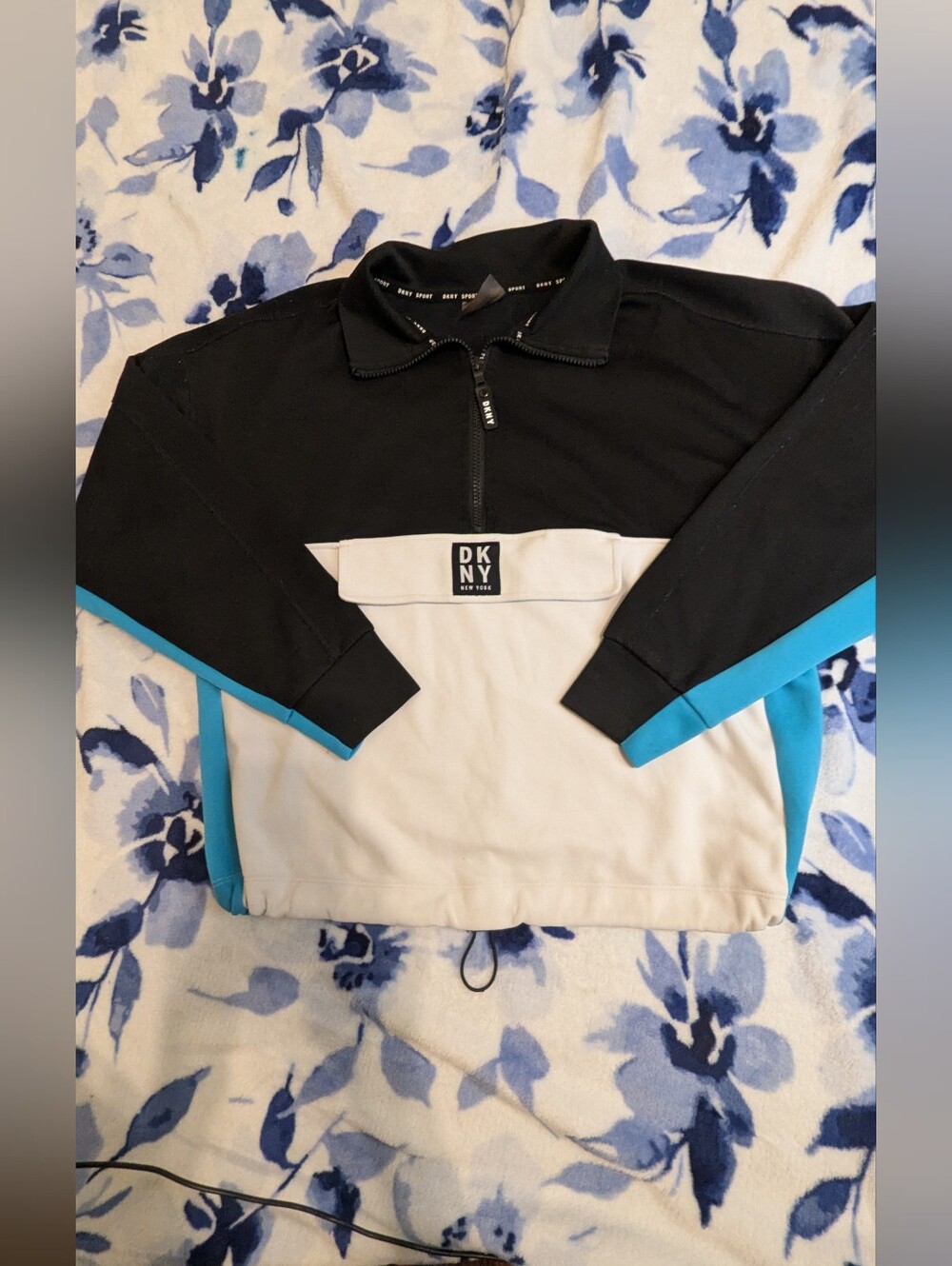 DKNY Women's Black, White & Teal Zip-Up Colorblock Sweater